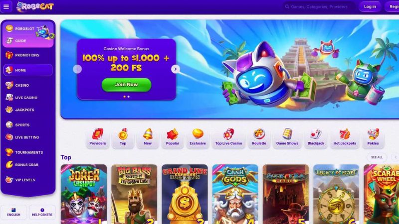 Robocat Casino screenshot showing the lobby and welcome bonus for NZ players
